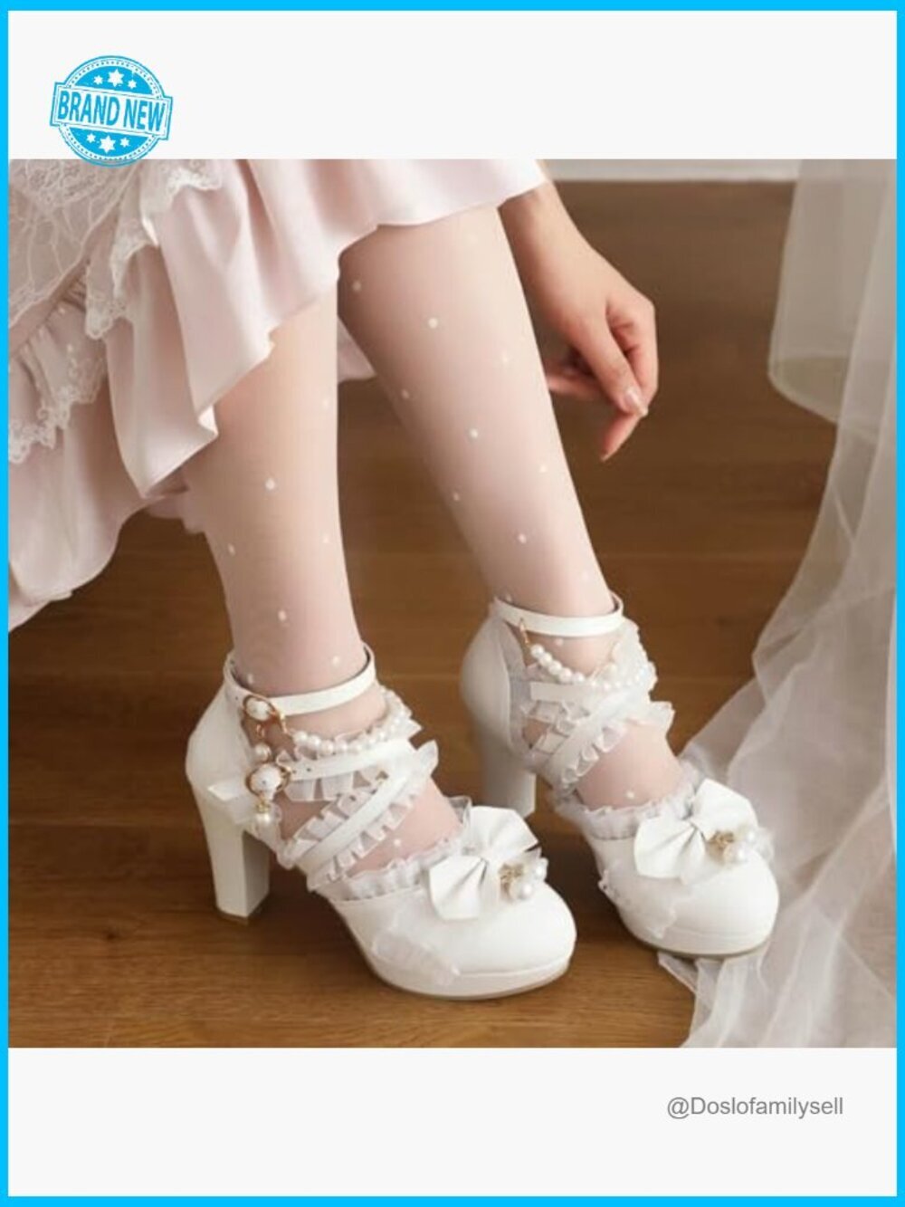 Kawaii Lace Bow Pearl Block Heel Mary Jane Pumps Chunky Platform Cute Dress - Picture 2 of 7